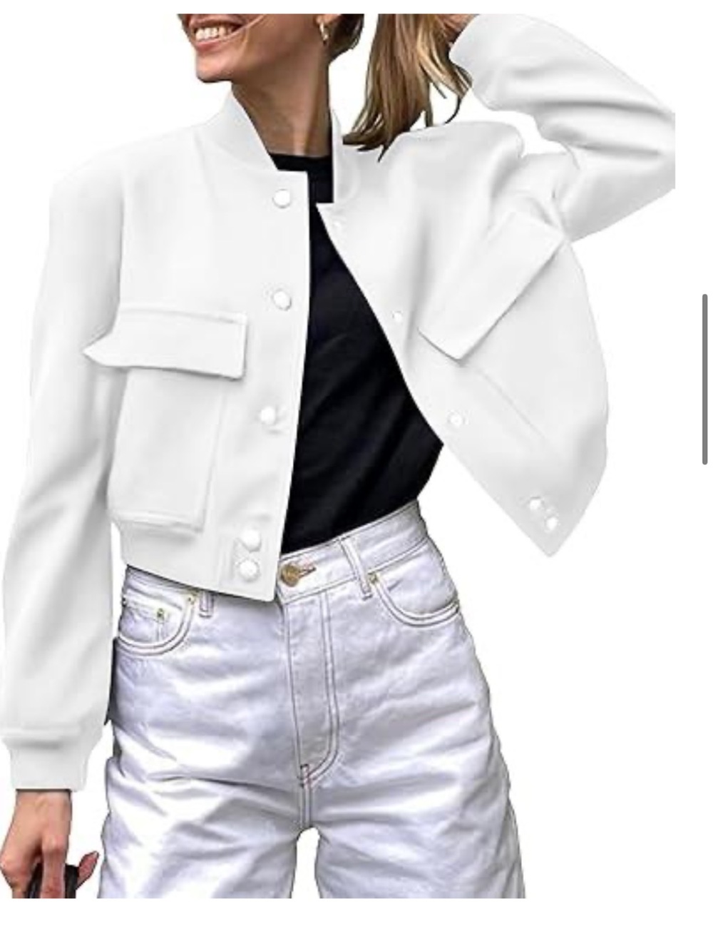 Zeagoo Women’s White Cropped Bomber Jacket Button Front Shacket Casual size L